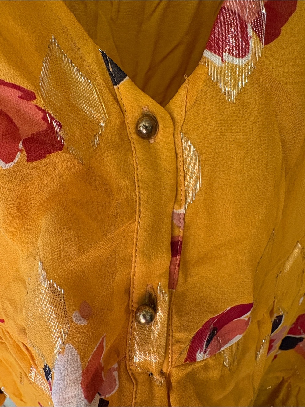 Sezane yellow and gold patterned tiered baby doll dress. - Picture 4 of 4